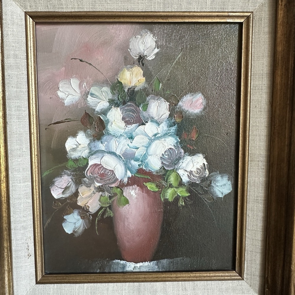 VTG Oil Painting 15" x 17" Framed Canvas Still Life Multicolor Roses Flower Vase